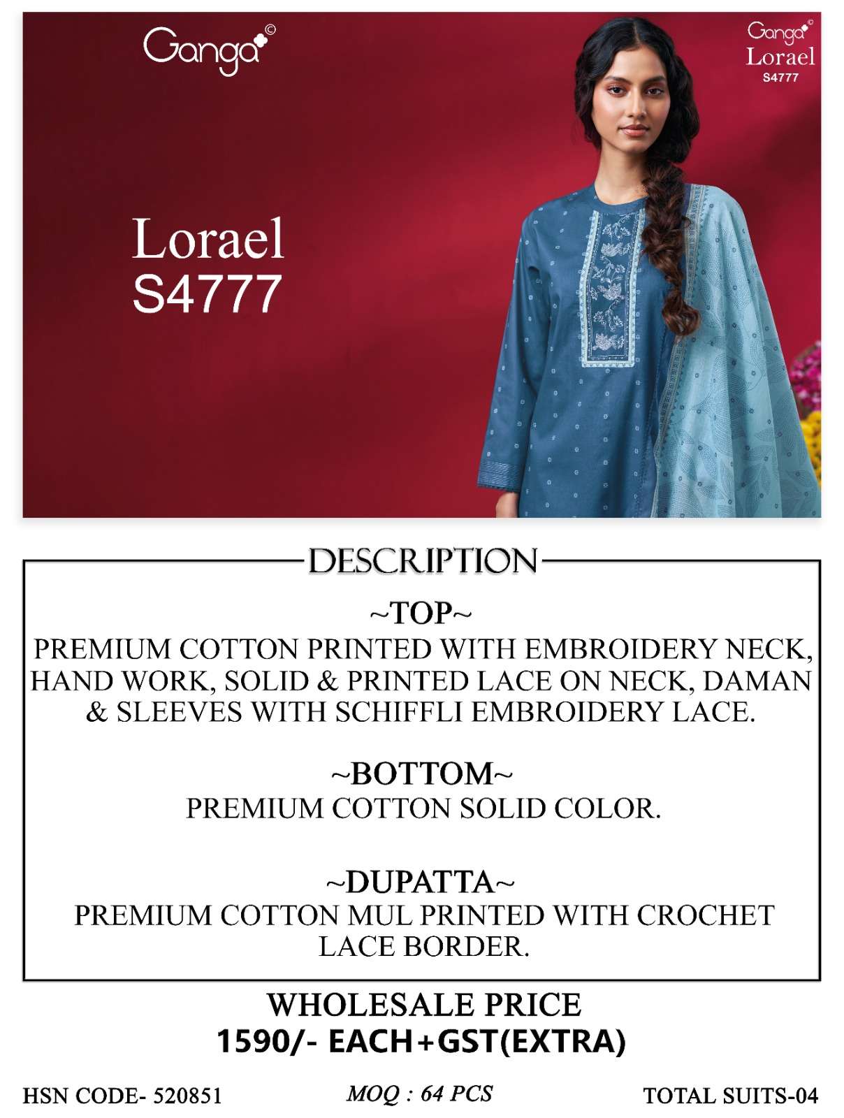 Ganga Fashion Lorael 4777 Premium Cotton Embroidery Designer Dress Material - Amrah Wholesale