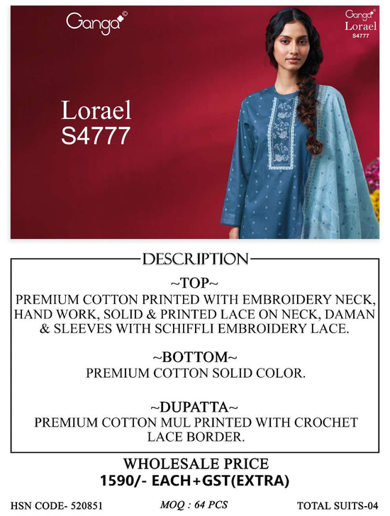 Ganga Fashion Lorael 4777 Premium Cotton Embroidery Designer Dress Material - Amrah Wholesale