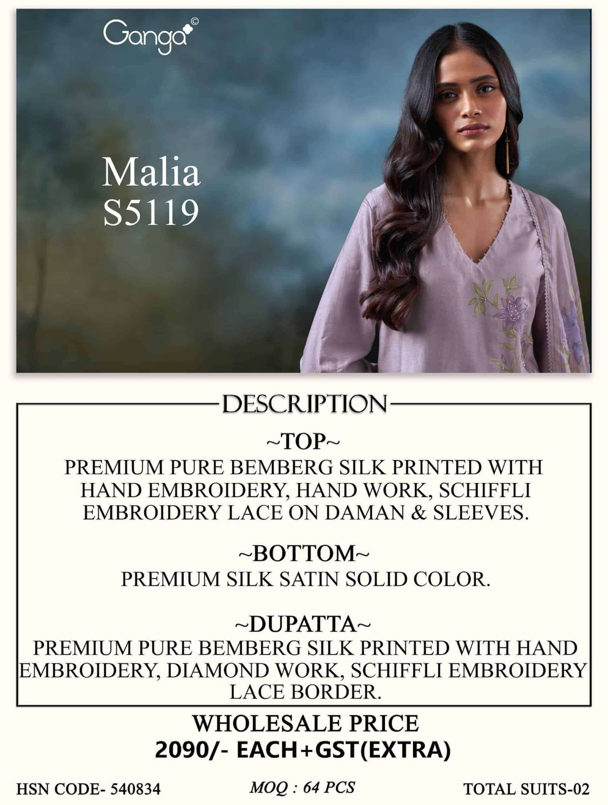 Ganga Fashion Malia 5119 Pure Bemberg Silk Dress Material Wholesale - Amrah Wholesale