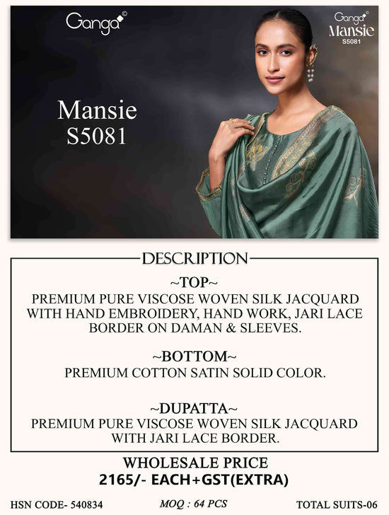 Ganga Fashion Mansie 5081 Premium Jacquard Silk Embroidered Pakistani Suit