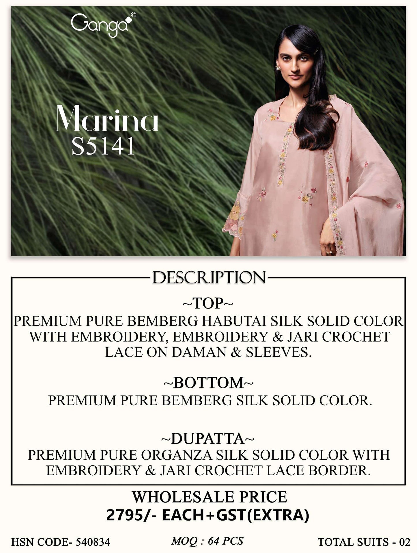 Ganga Fashion Marina 5141 Pure Bemberg Habutai Silk Dress Material
