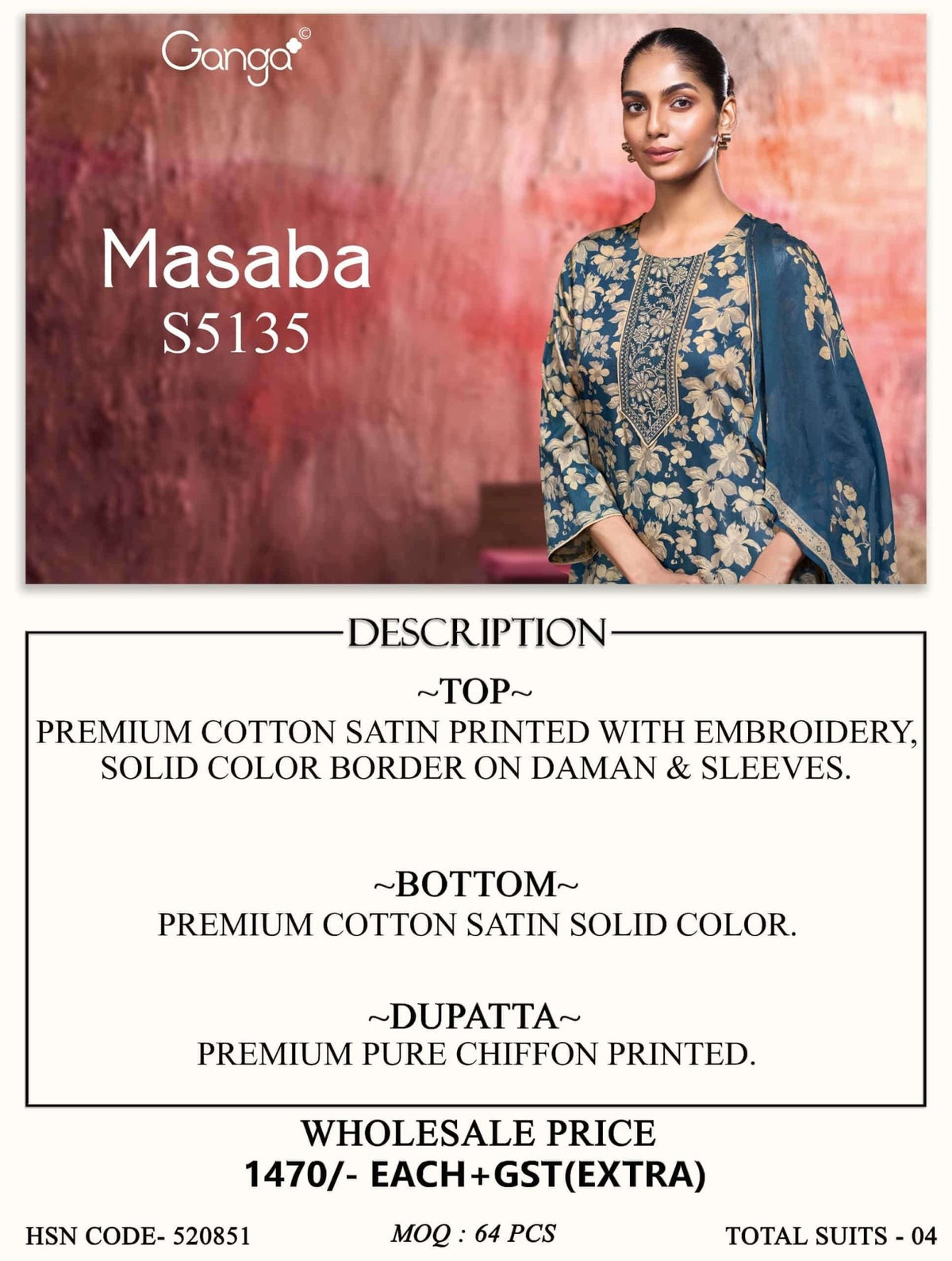 Ganga Fashion Masaba 5135 Premium Cotton Satin Dress Material - Amrah Wholesale