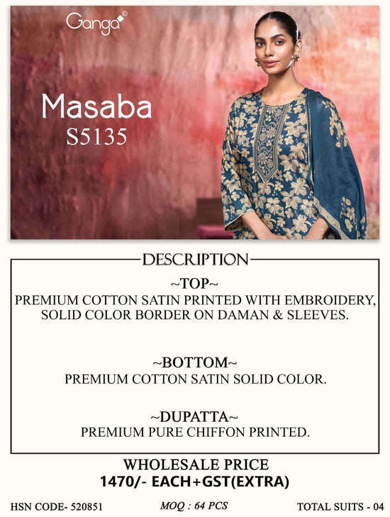 Ganga Fashion Masaba 5135 Premium Cotton Satin Dress Material - Amrah Wholesale