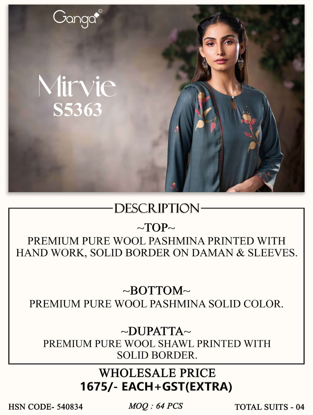 Ganga Fashion Mirvie 5363 Pure Wool Pashmina Winter Dress Material