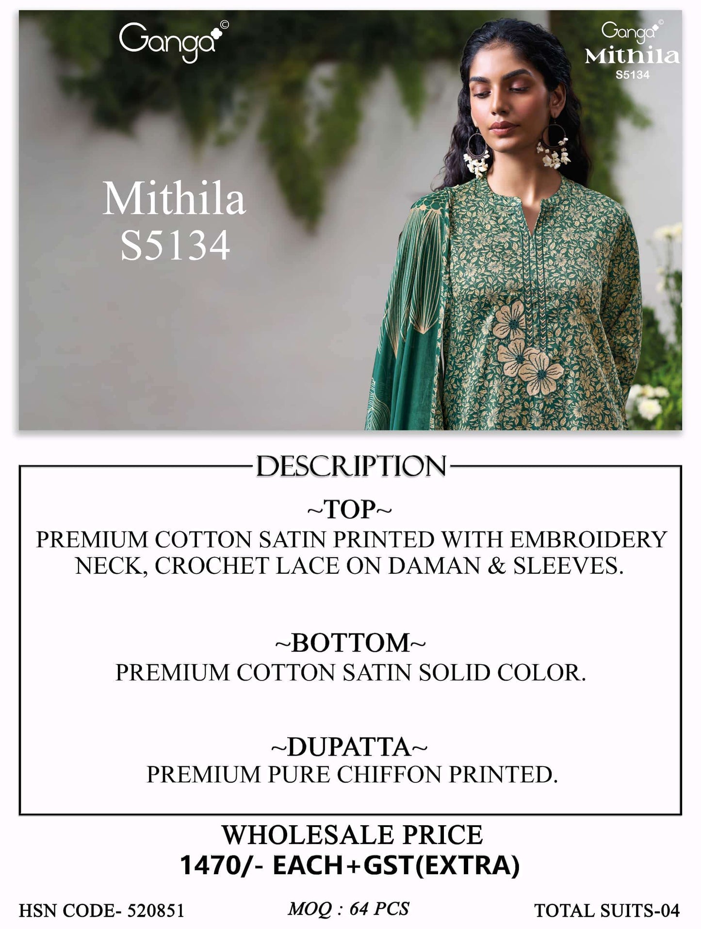 Ganga Fashion Mithila 5134 Premium Cotton Satin Dress Material