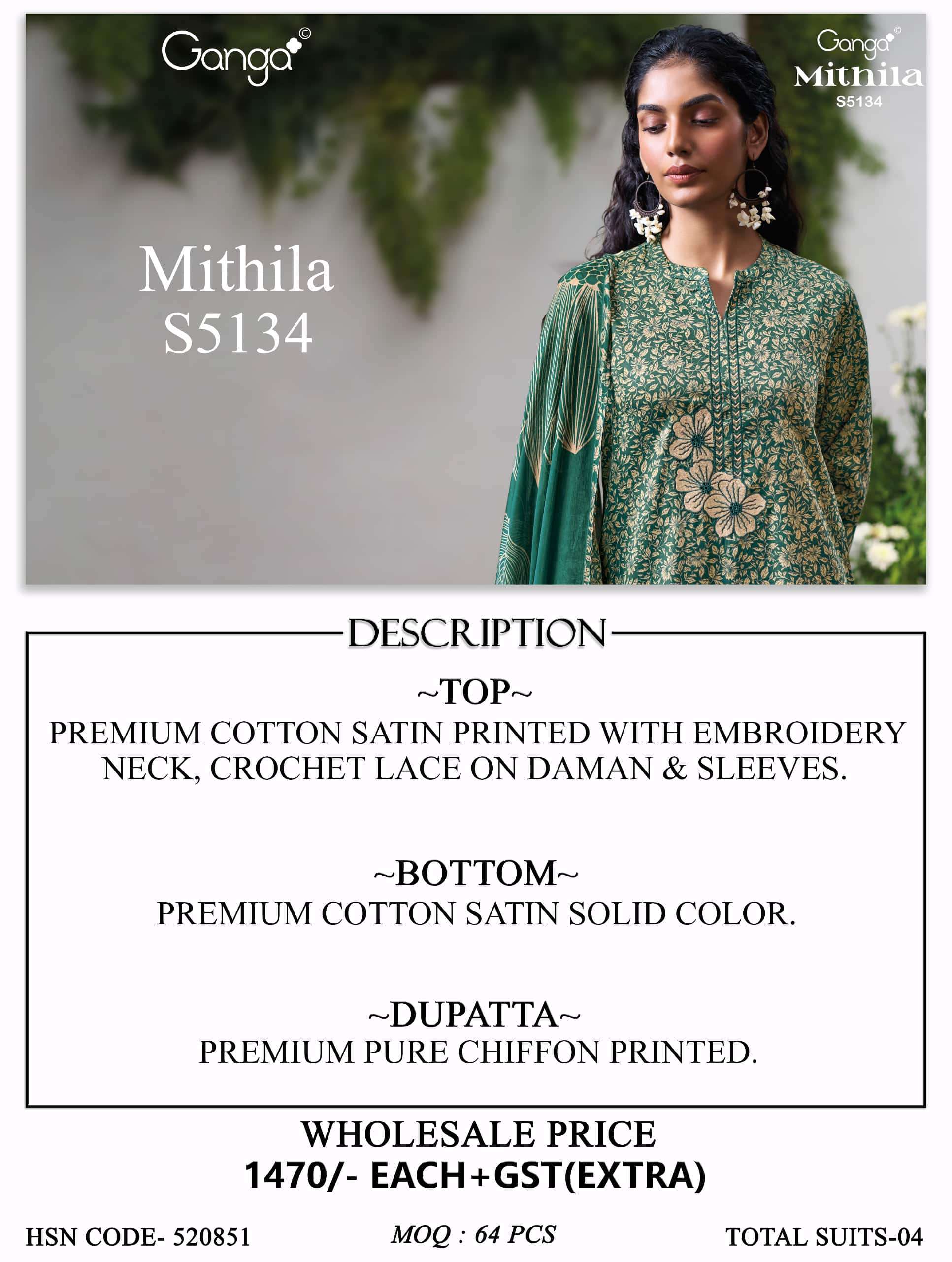 Ganga Fashion Mithila 5134 Premium Cotton Satin Dress Material