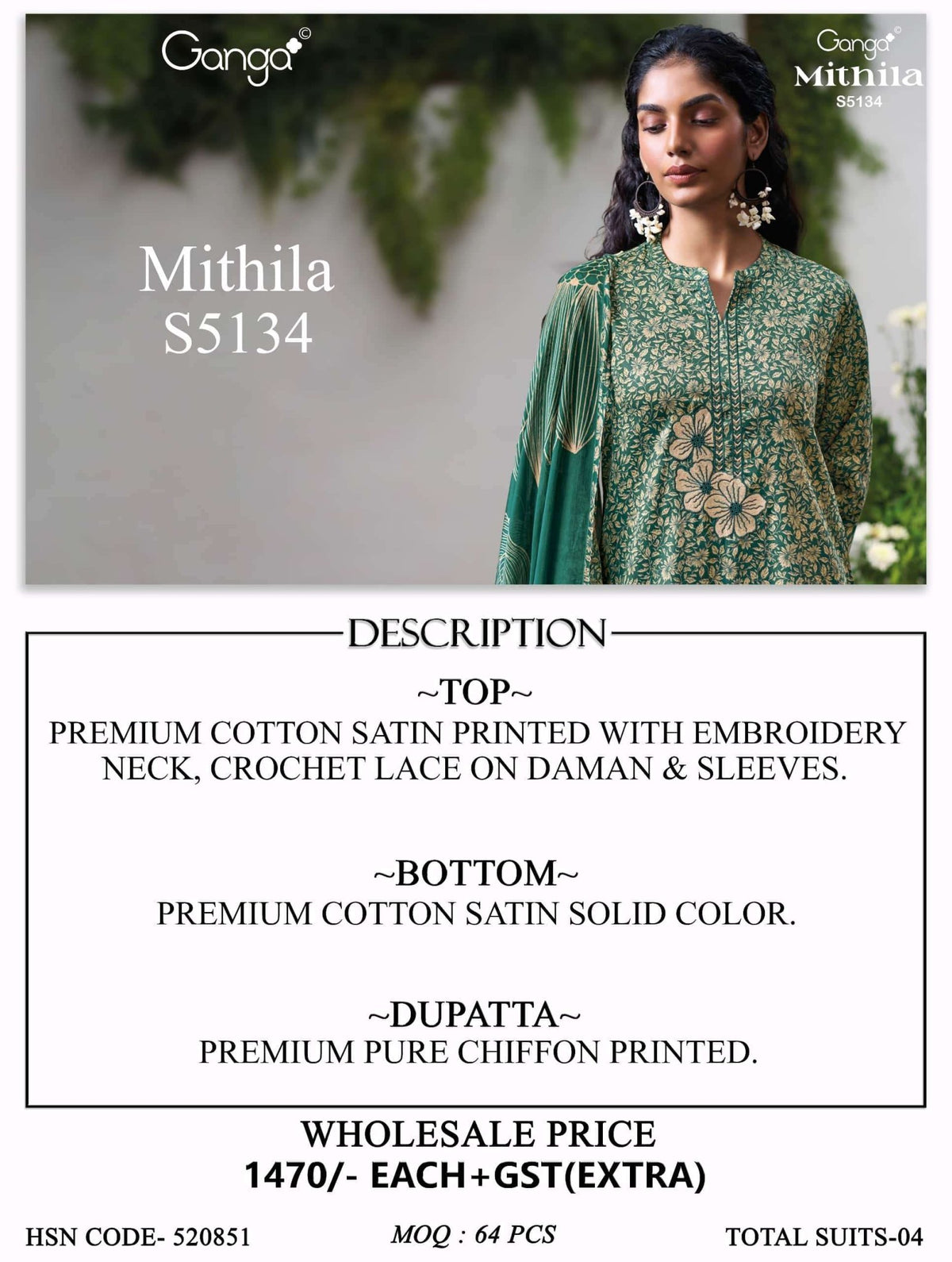 Ganga Fashion Mithila 5134 Premium Cotton Satin Dress Material - Amrah Wholesale