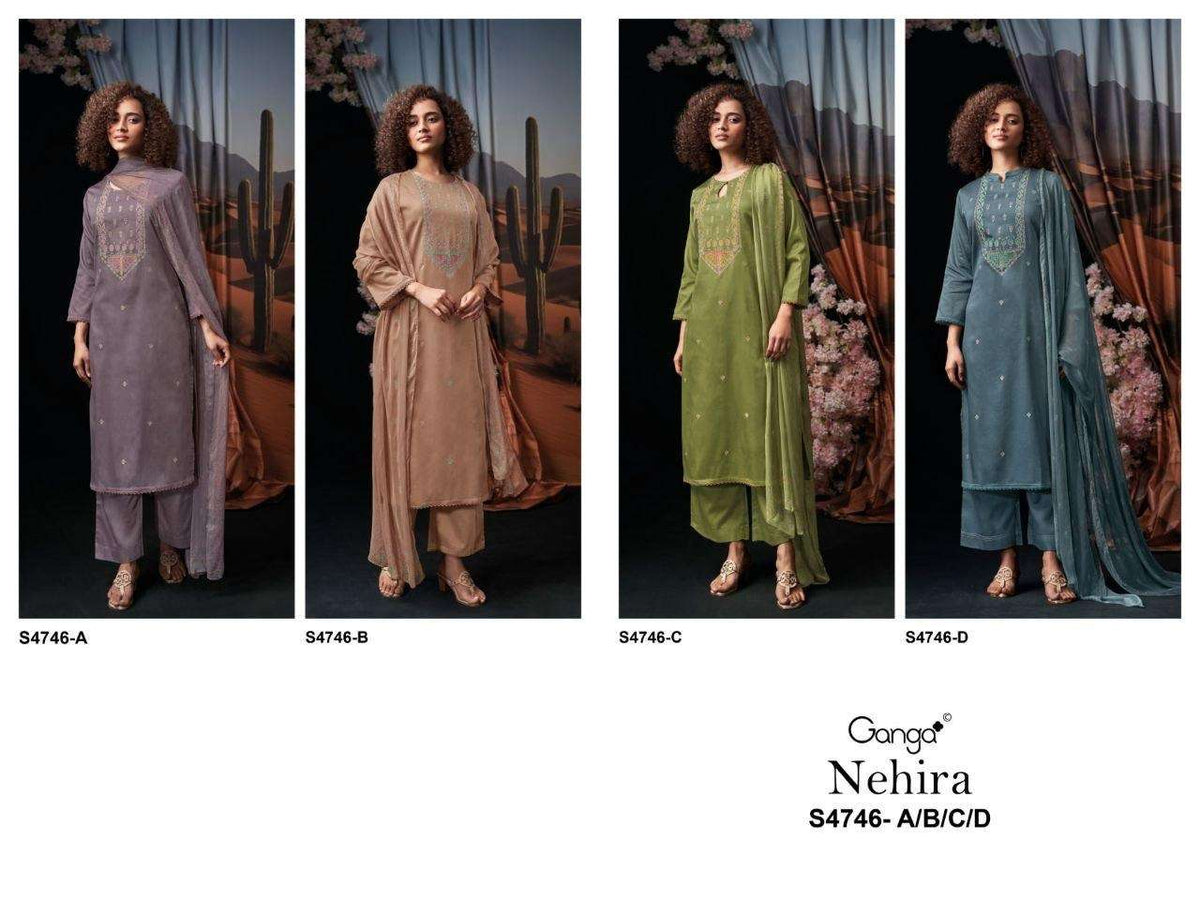 Ganga Fashion Nehira 4746 Cotton Satin Embroidered Dress Material