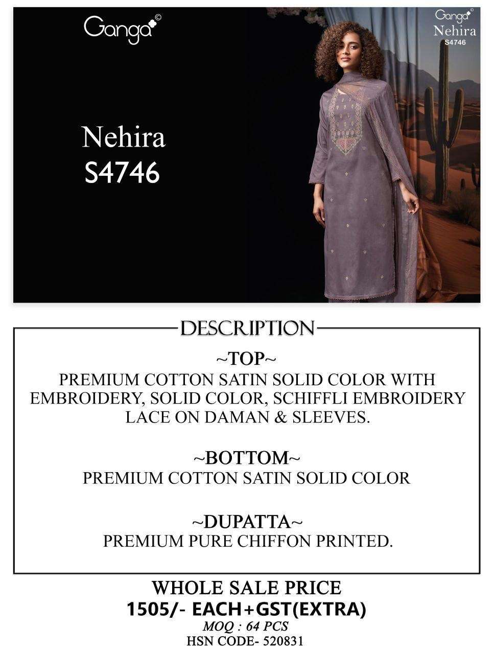 Ganga Fashion Nehira 4746 Cotton Satin Embroidered Dress Material