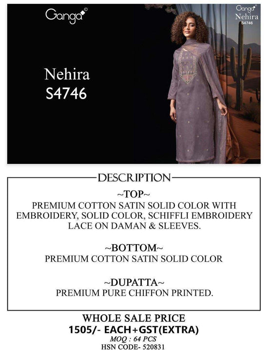 Ganga Fashion Nehira 4746 Cotton Satin Embroidered Dress Material