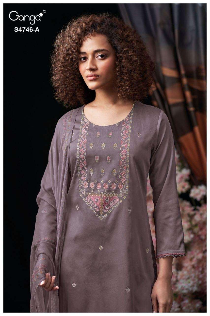 Ganga Fashion Nehira 4746 Cotton Satin Embroidered Dress Material