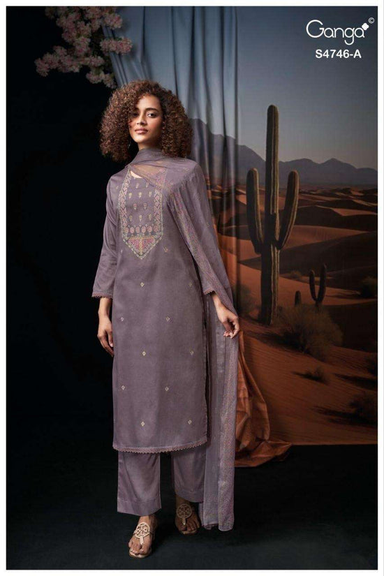 Ganga Fashion Nehira 4746 Cotton Satin Embroidered Dress Material