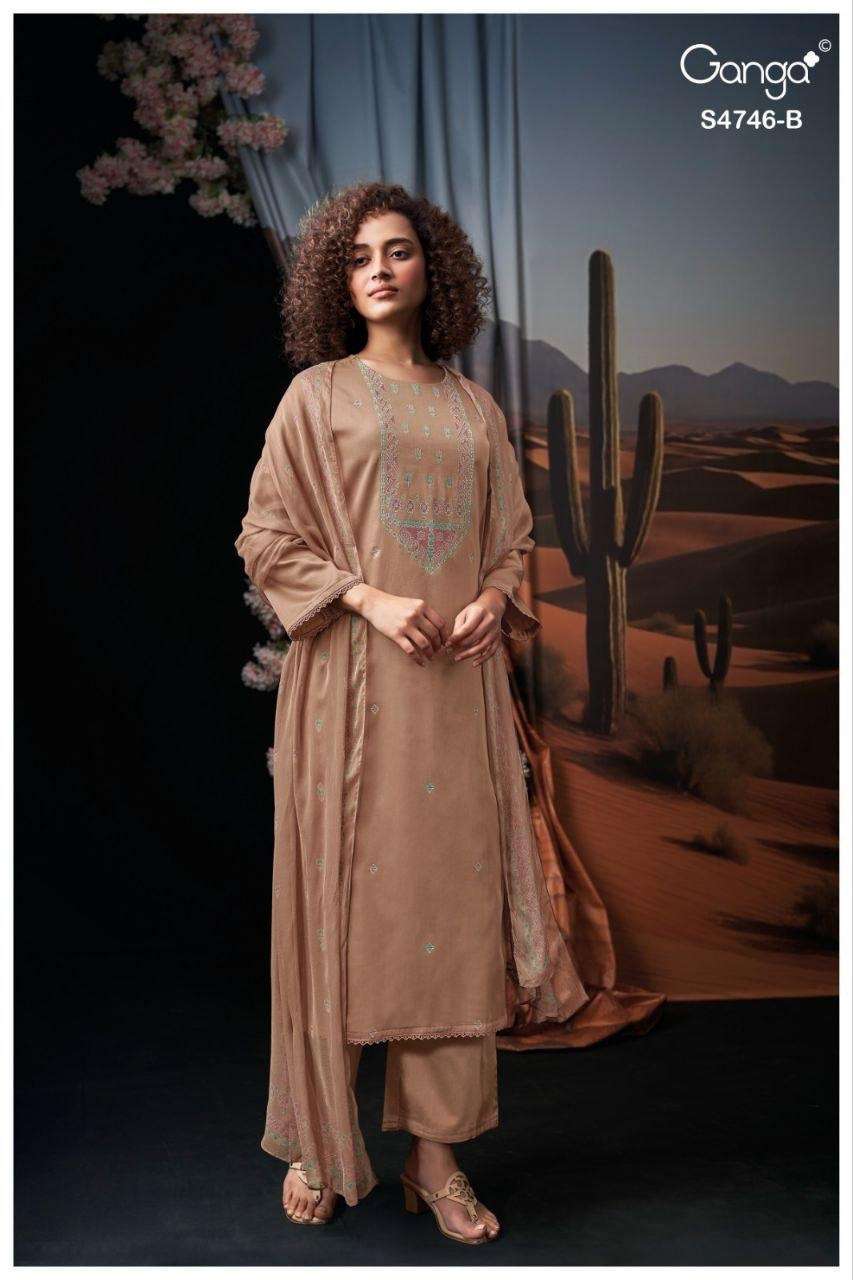 Ganga Fashion Nehira 4746 Cotton Satin Embroidered Dress Material