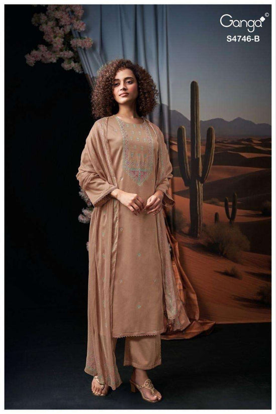 Ganga Fashion Nehira 4746 Cotton Satin Embroidered Dress Material
