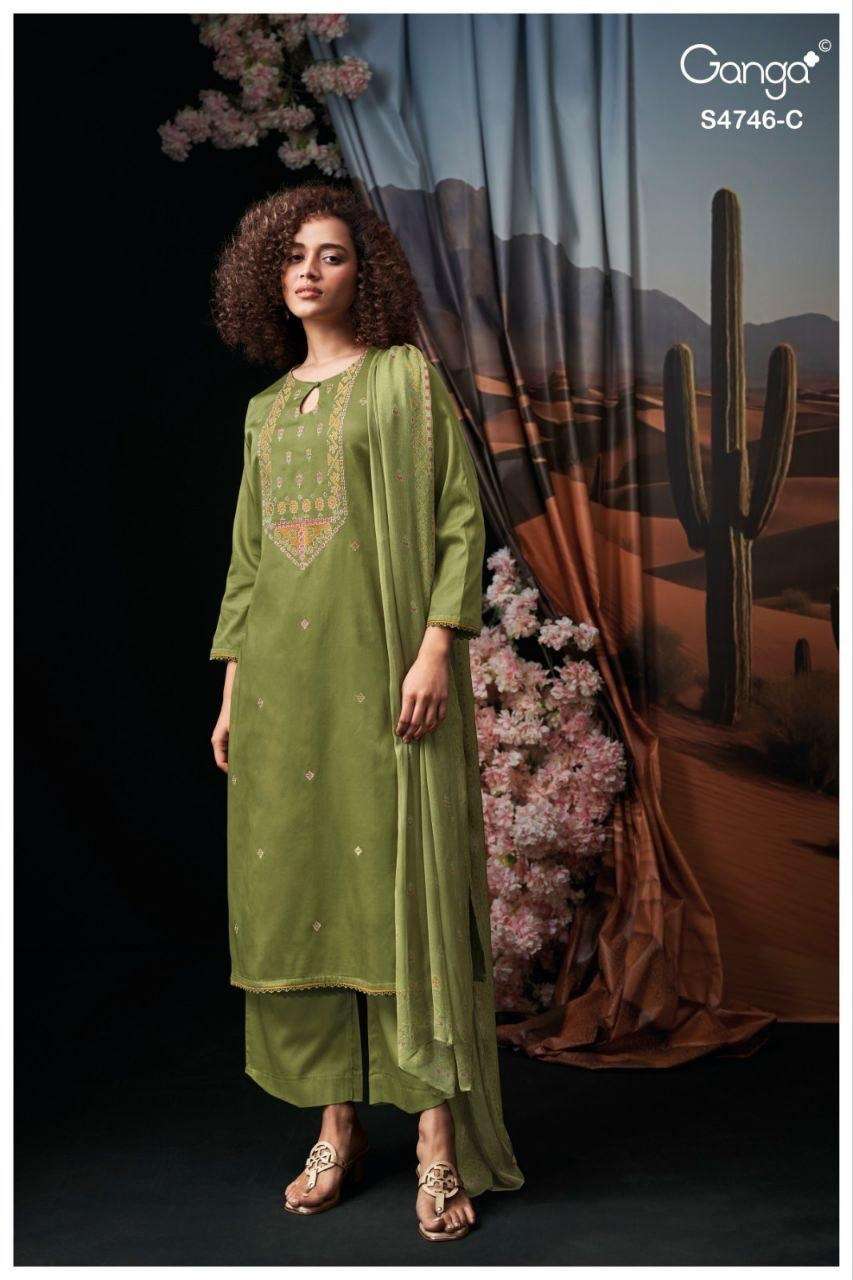 Ganga Fashion Nehira 4746 Cotton Satin Embroidered Dress Material