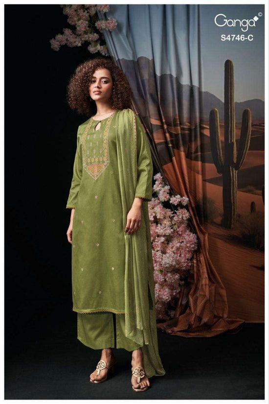 Ganga Fashion Nehira 4746 Cotton Satin Embroidered Dress Material