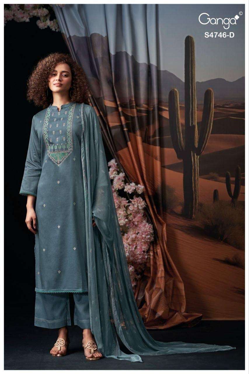 Ganga Fashion Nehira 4746 Cotton Satin Embroidered Dress Material