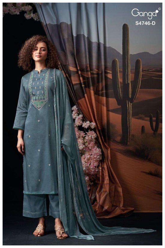 Ganga Fashion Nehira 4746 Cotton Satin Embroidered Dress Material