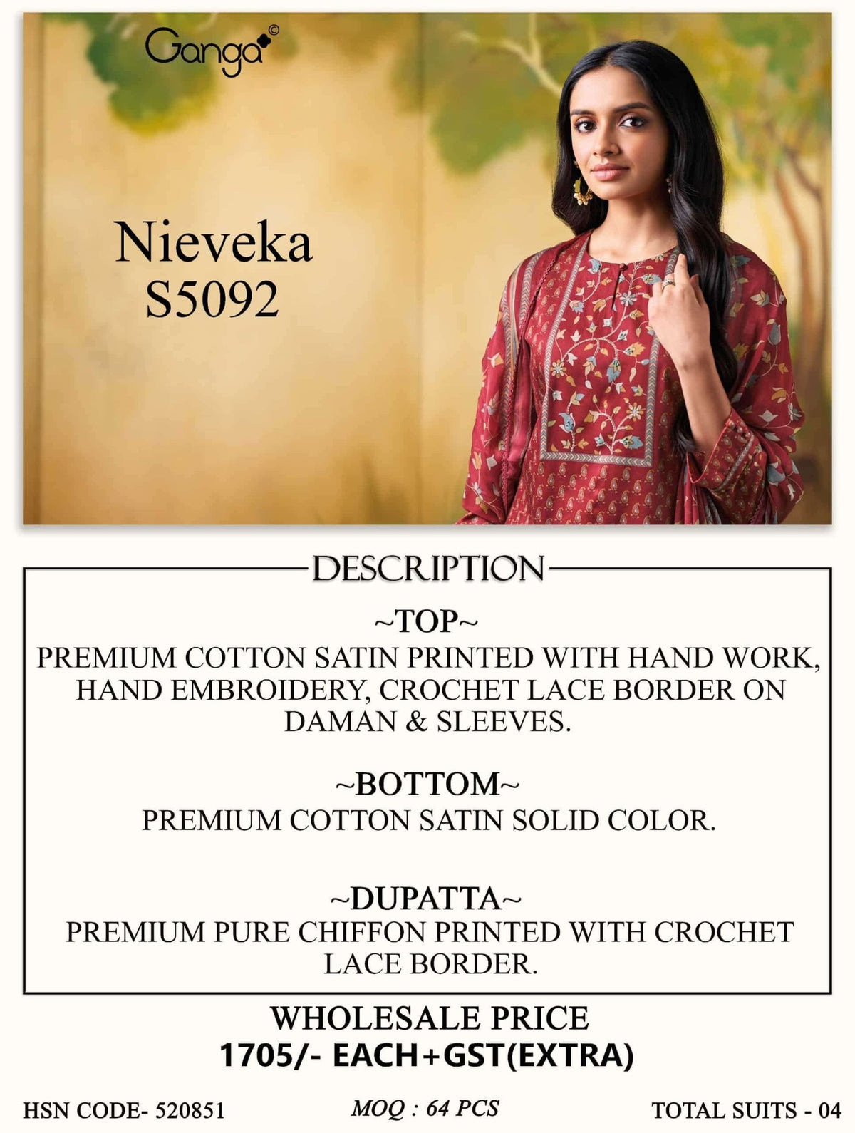 Ganga Fashion Nieveka 5092 Premium Cotton Satin Dress Material - Amrah Wholesale