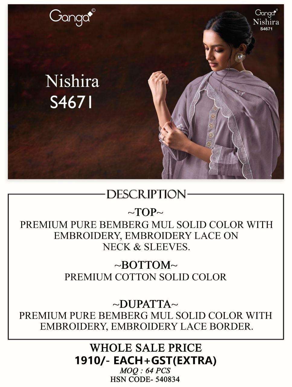 Ganga Fashion Nishira 4671 Bemberg Mul Embroidered Dress Material