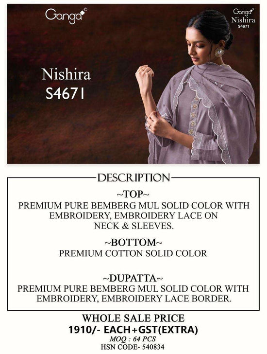Ganga Fashion Nishira 4671 Bemberg Mul Embroidered Dress Material