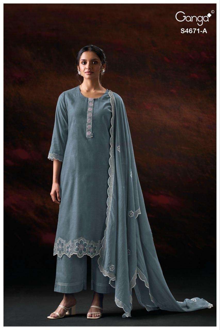 Ganga Fashion Nishira 4671 Bemberg Mul Embroidered Dress Material
