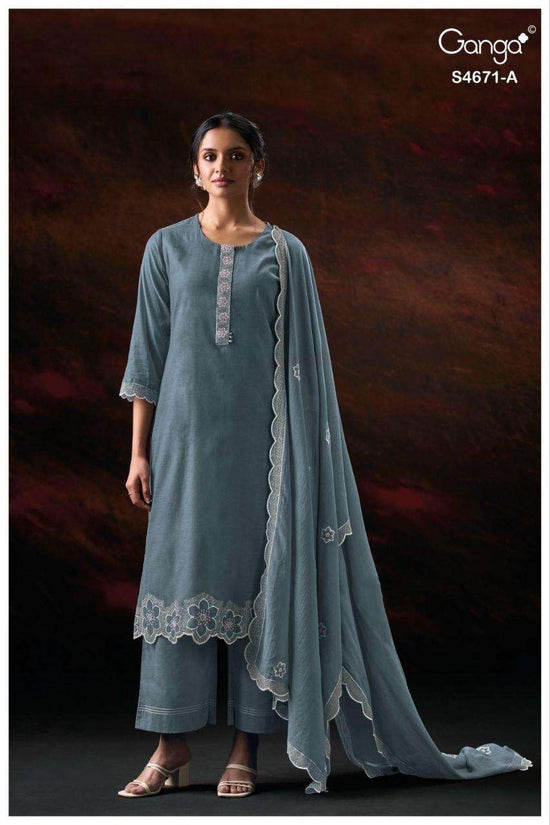 Ganga Fashion Nishira 4671 Bemberg Mul Embroidered Dress Material
