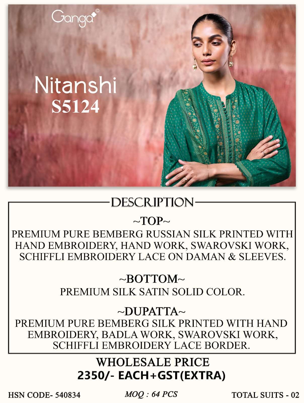 Ganga Fashion Nitanshi 5124 Pure Bemberg Russian Silk Dress Material