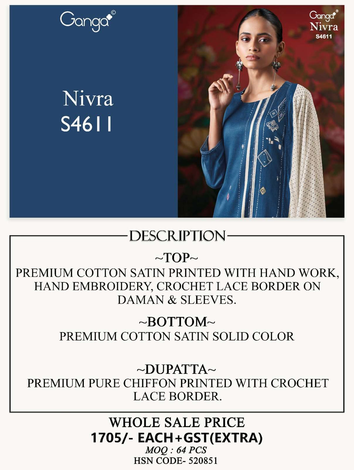 Ganga Fashion Nivra 4611 Premium Cotton Satin Dress Material - Amrah Wholesale