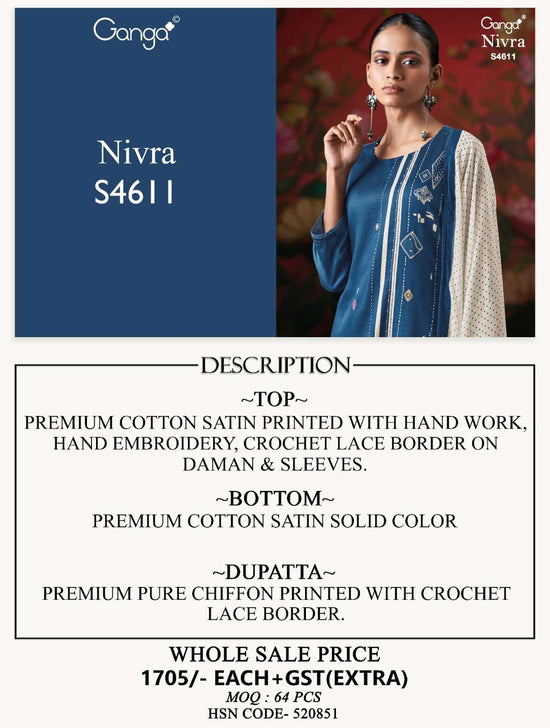 Ganga Fashion Nivra 4611 Premium Cotton Satin Dress Material - Amrah Wholesale