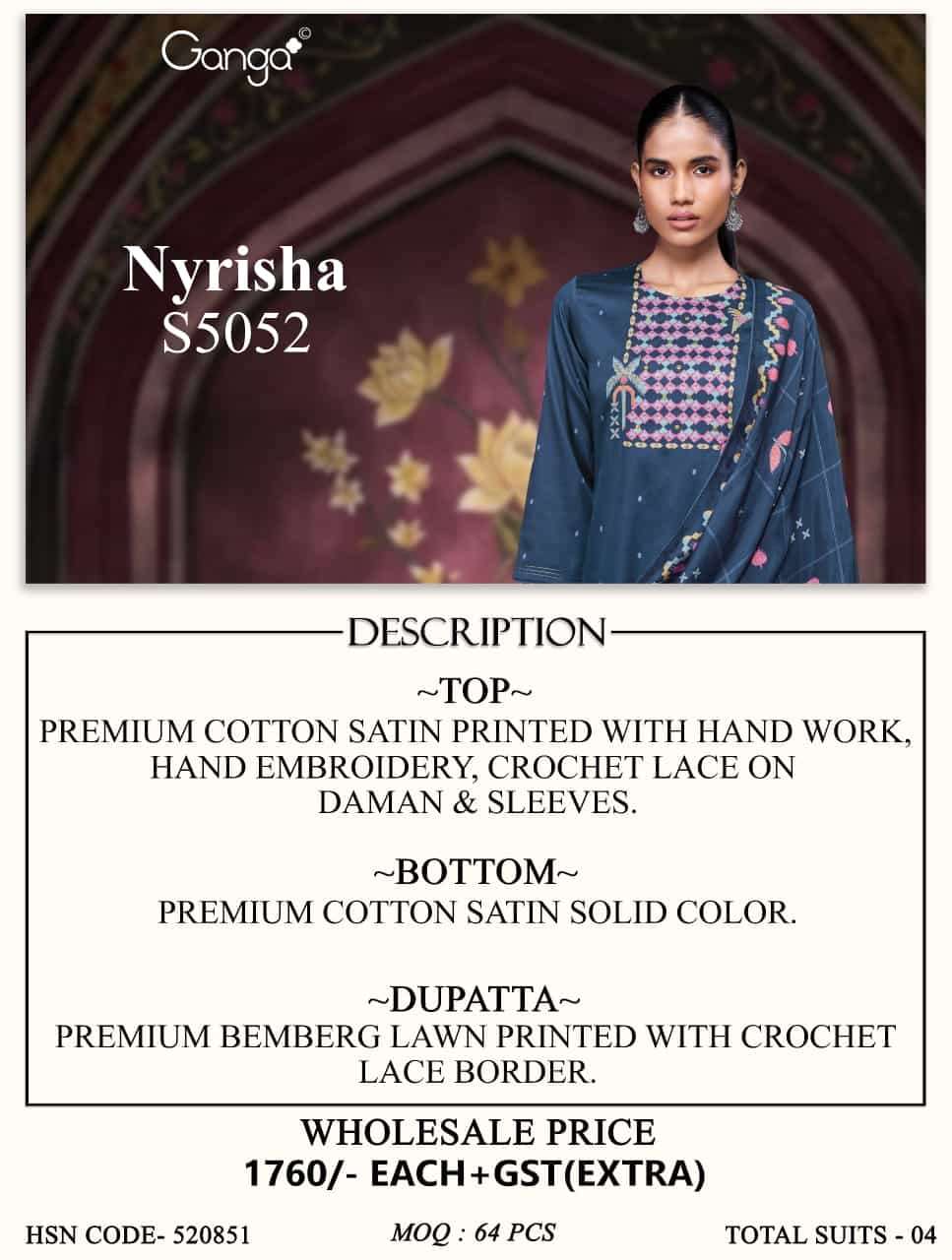 Ganga Fashion Nyrisha 5052 Premium Cotton Satin Dress Material