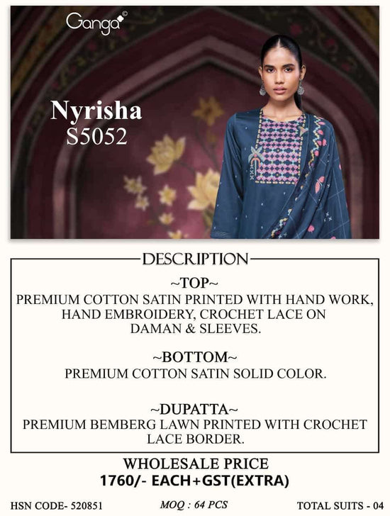 Ganga Fashion Nyrisha 5052 Premium Cotton Satin Dress Material