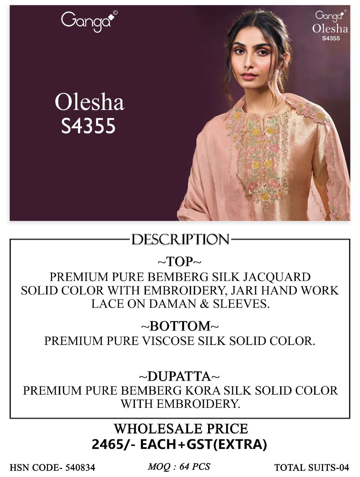 Ganga Fashion Olesha 4355 Pure Bemberg Silk Party Wear Dress Material