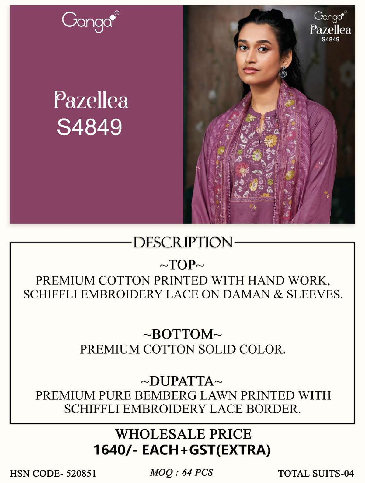 Ganga Fashion Pazellea 4849 Premium Cotton Dress Material - Amrah Wholesale