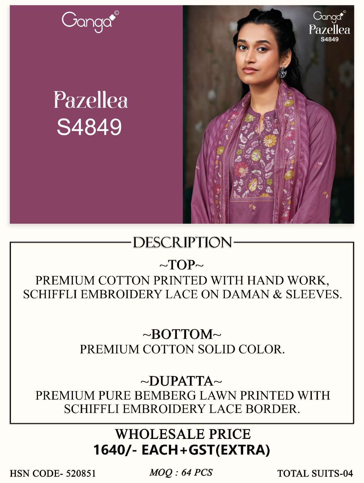 Ganga Fashion Pazellea 4849 Premium Cotton Dress Material - Amrah Wholesale