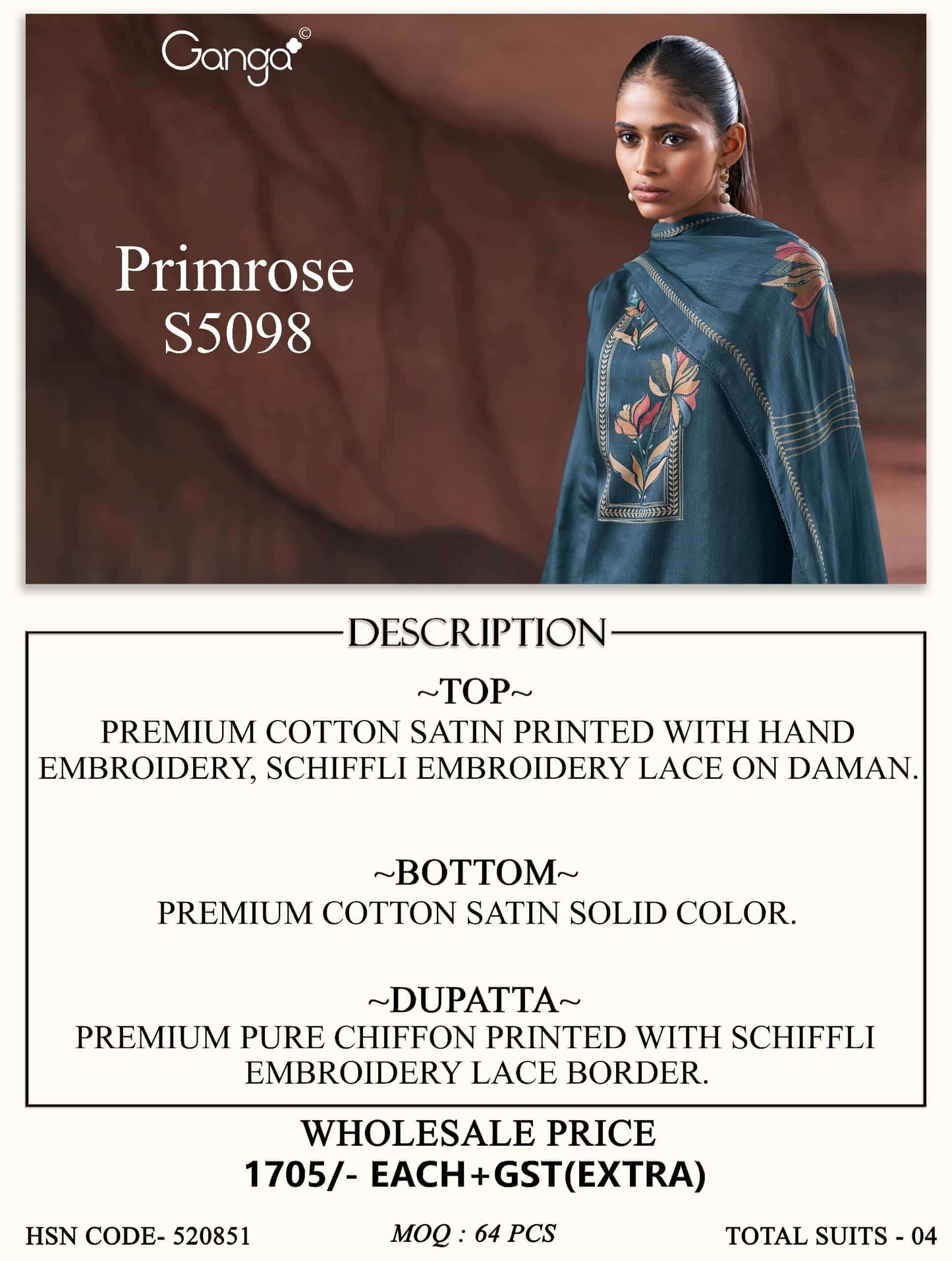 Ganga Fashion Primrose 5098 Premium Cotton Satin Dress Material Wholesale