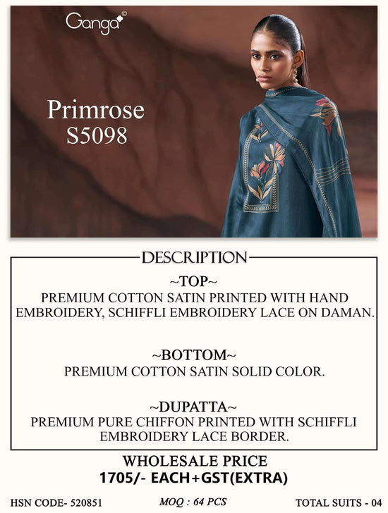 Ganga Fashion Primrose 5098 Premium Cotton Satin Dress Material Wholesale