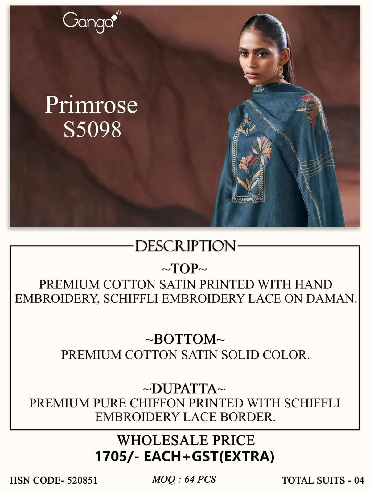 Ganga Fashion Primrose 5098 Premium Cotton Satin Dress Material Wholesale - Amrah Wholesale