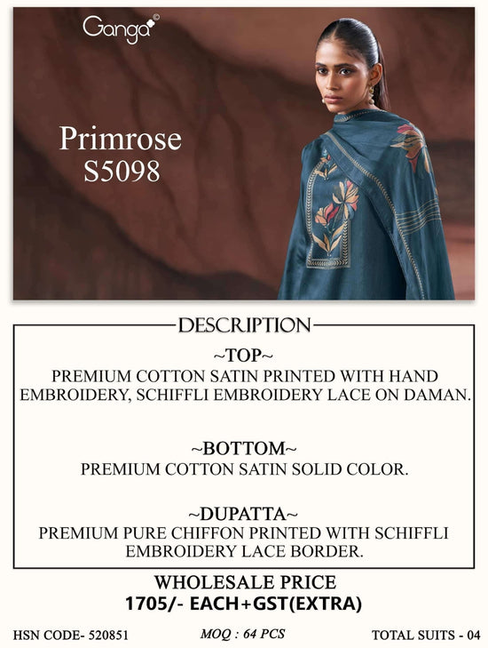 Ganga Fashion Primrose 5098 Premium Cotton Satin Dress Material Wholesale - Amrah Wholesale