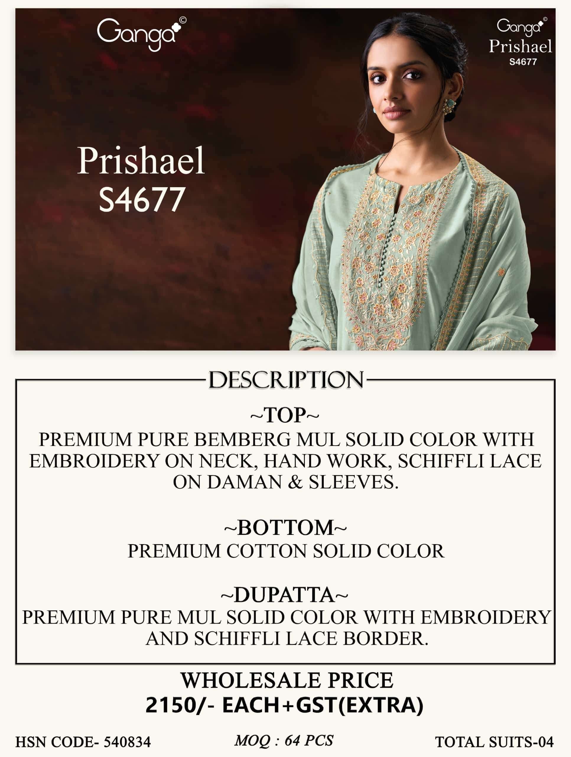 Ganga Fashion Prishael 4677 Premium Bemberg Mul Embroidered Dress Material Wholesale