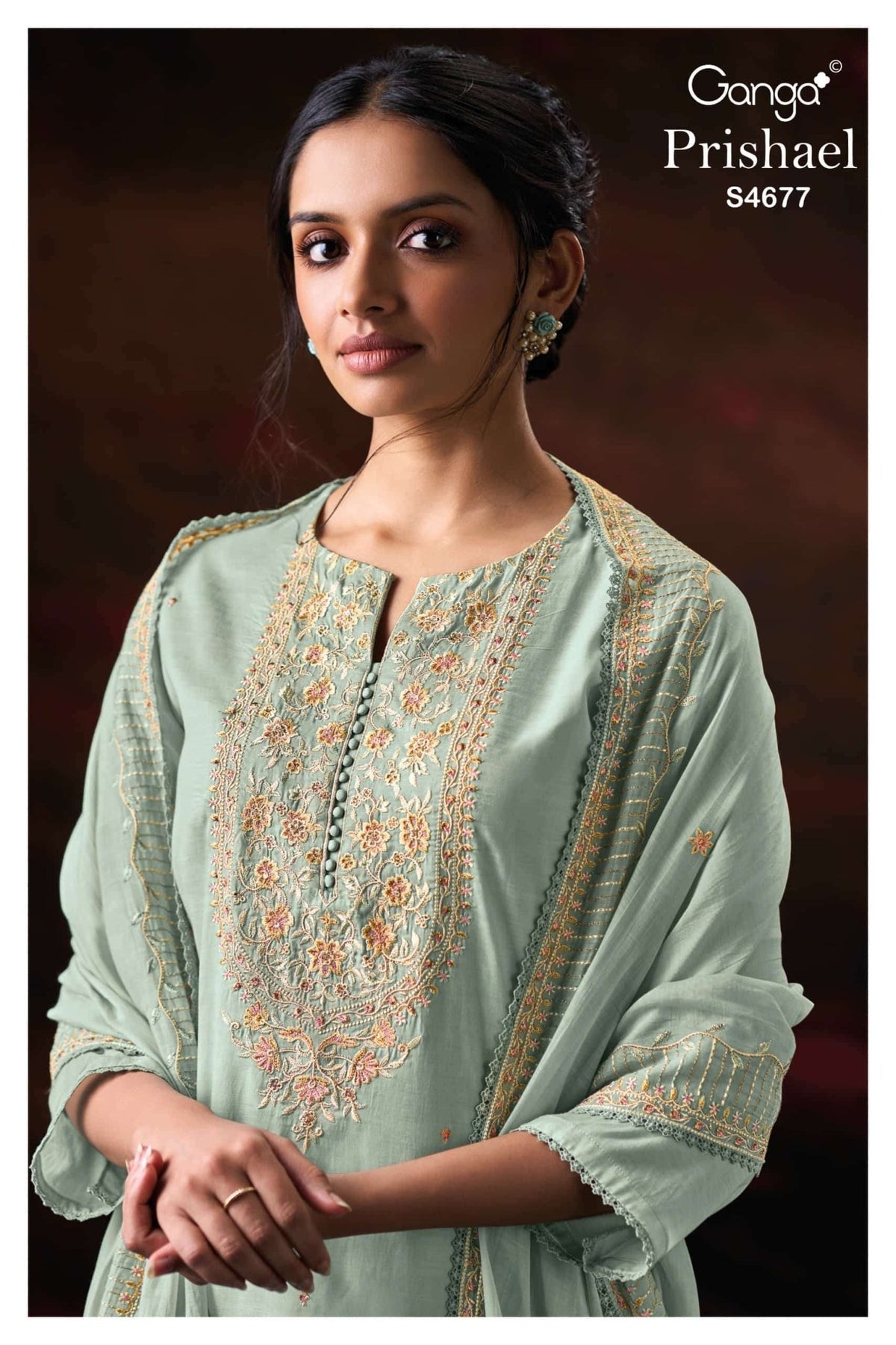 Ganga Fashion Prishael 4677 Premium Bemberg Mul Embroidered Dress Material Wholesale - Amrah Wholesale