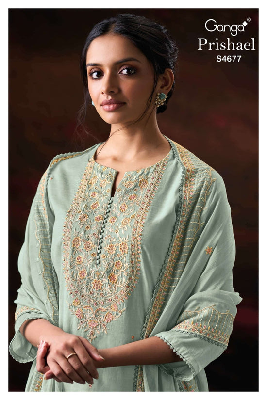 Ganga Fashion Prishael 4677 Premium Bemberg Mul Embroidered Dress Material Wholesale - Amrah Wholesale