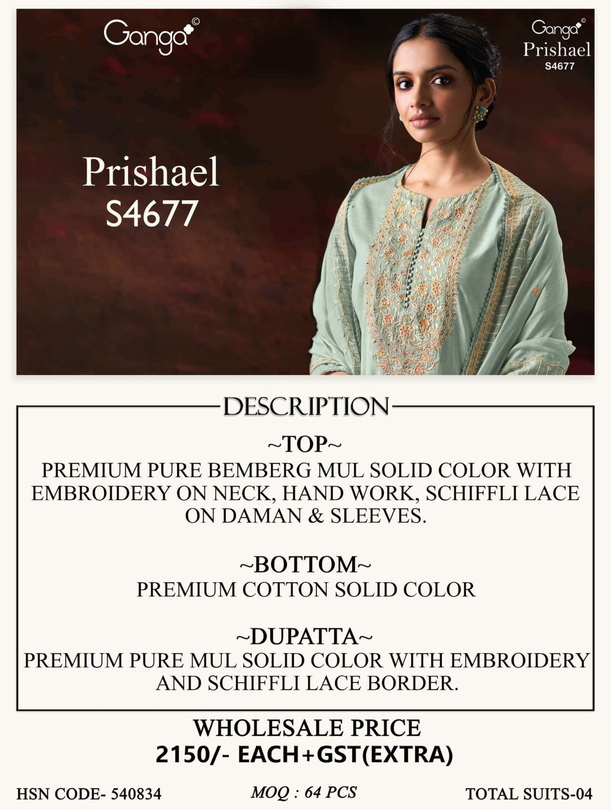 Ganga Fashion Prishael 4677 Premium Bemberg Mul Embroidered Dress Material Wholesale - Amrah Wholesale