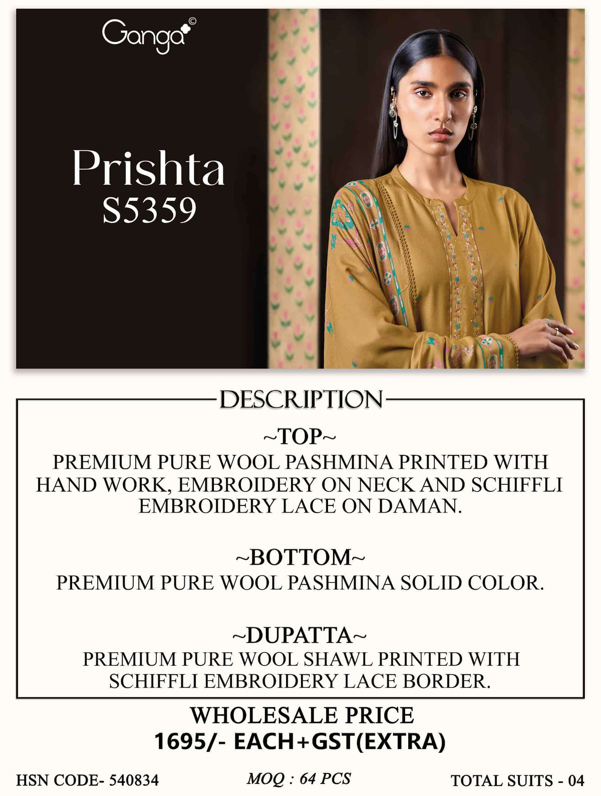 Ganga Fashion Prishta 5359 Pure Wool Pashmina Printed Dress Material