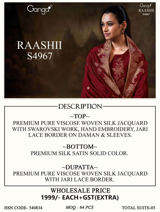 Ganga Fashion Raashii 4967 Premium Woven Silk Dress Material Wholesale Price