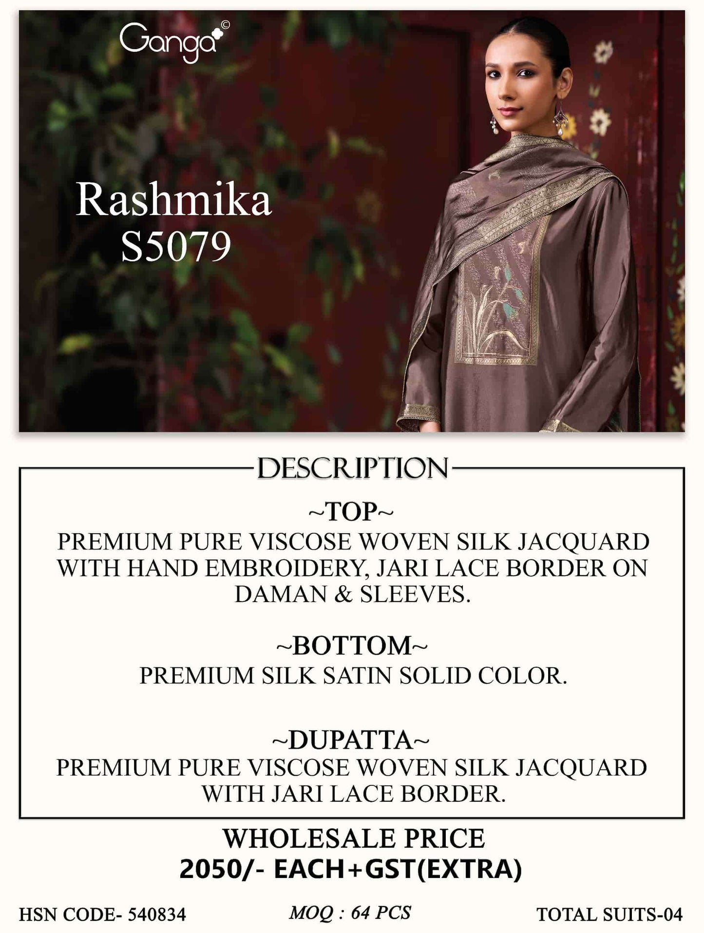 Ganga Fashion Rashmika 5079 Pure Viscose Woven Silk Jacquard Dress Material
