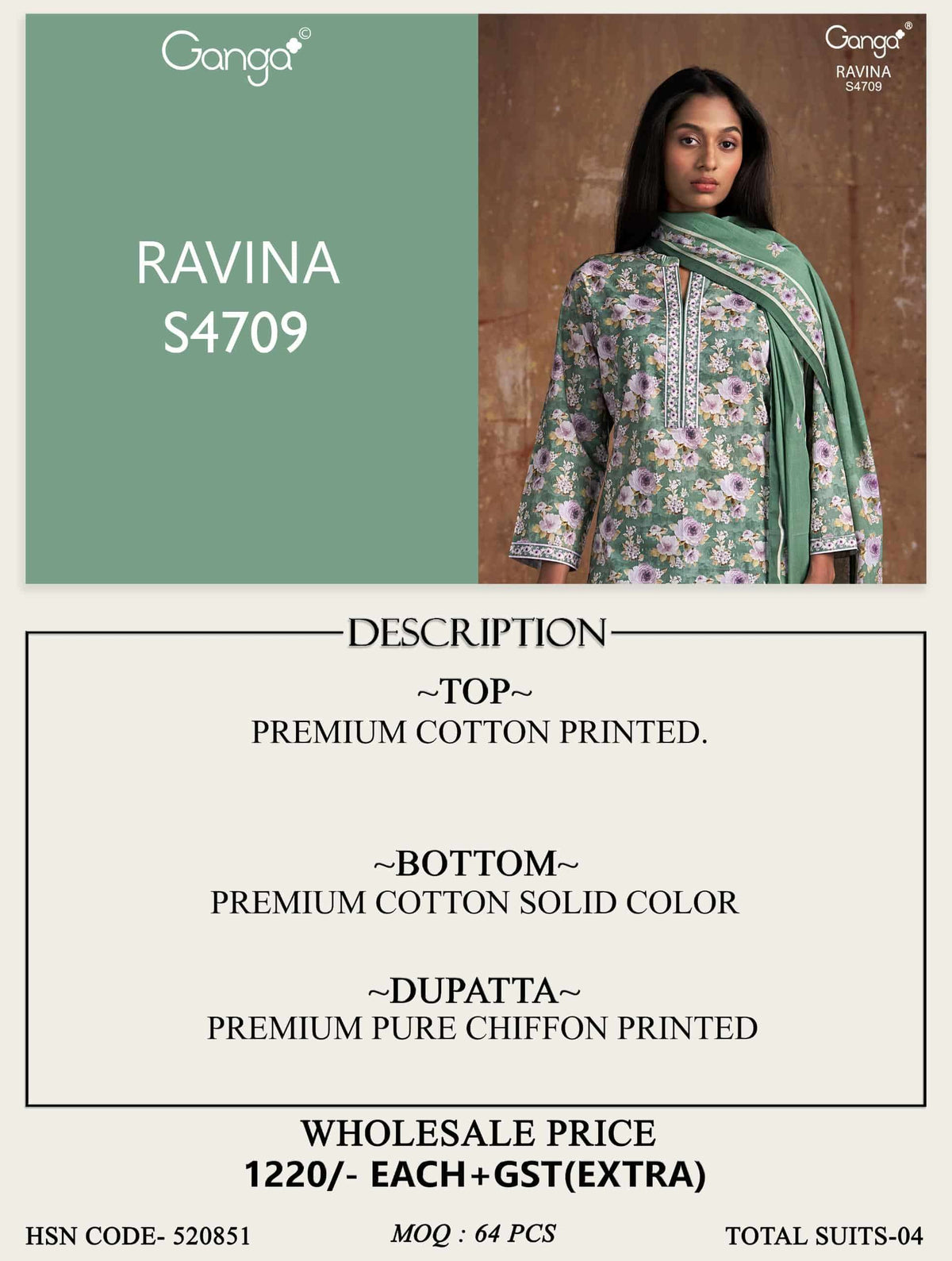 Ganga Fashion Ravina 4709 Dress Material Wholesale Catalogue - Amrah Wholesale