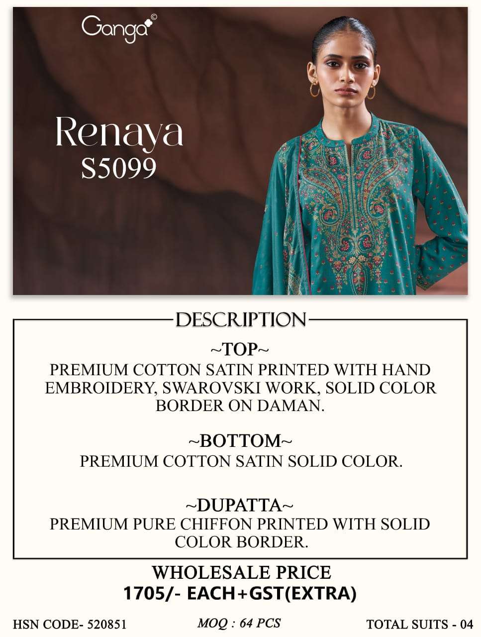 Ganga Fashion Renaya 5099 Cotton Satin Dress Material - Amrah Wholesale