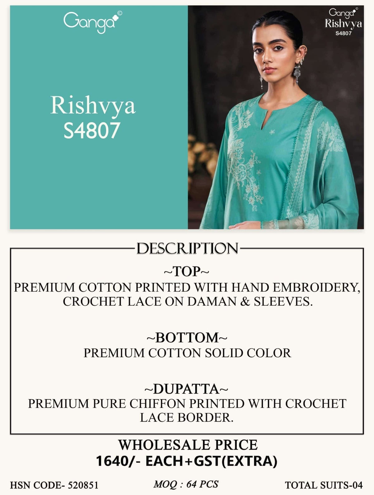 Ganga Fashion Rishvya 4807 Premium Cotton Dress Material - Amrah Wholesale