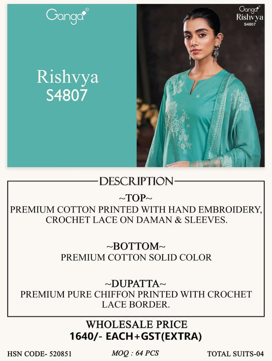 Ganga Fashion Rishvya 4807 Premium Cotton Dress Material - Amrah Wholesale